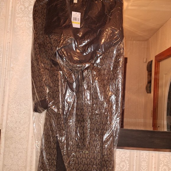 Michael Kors Wool Blend Logo Jacquard Wrap Belted Coat Brown / Black size M - Picture 5 of 7